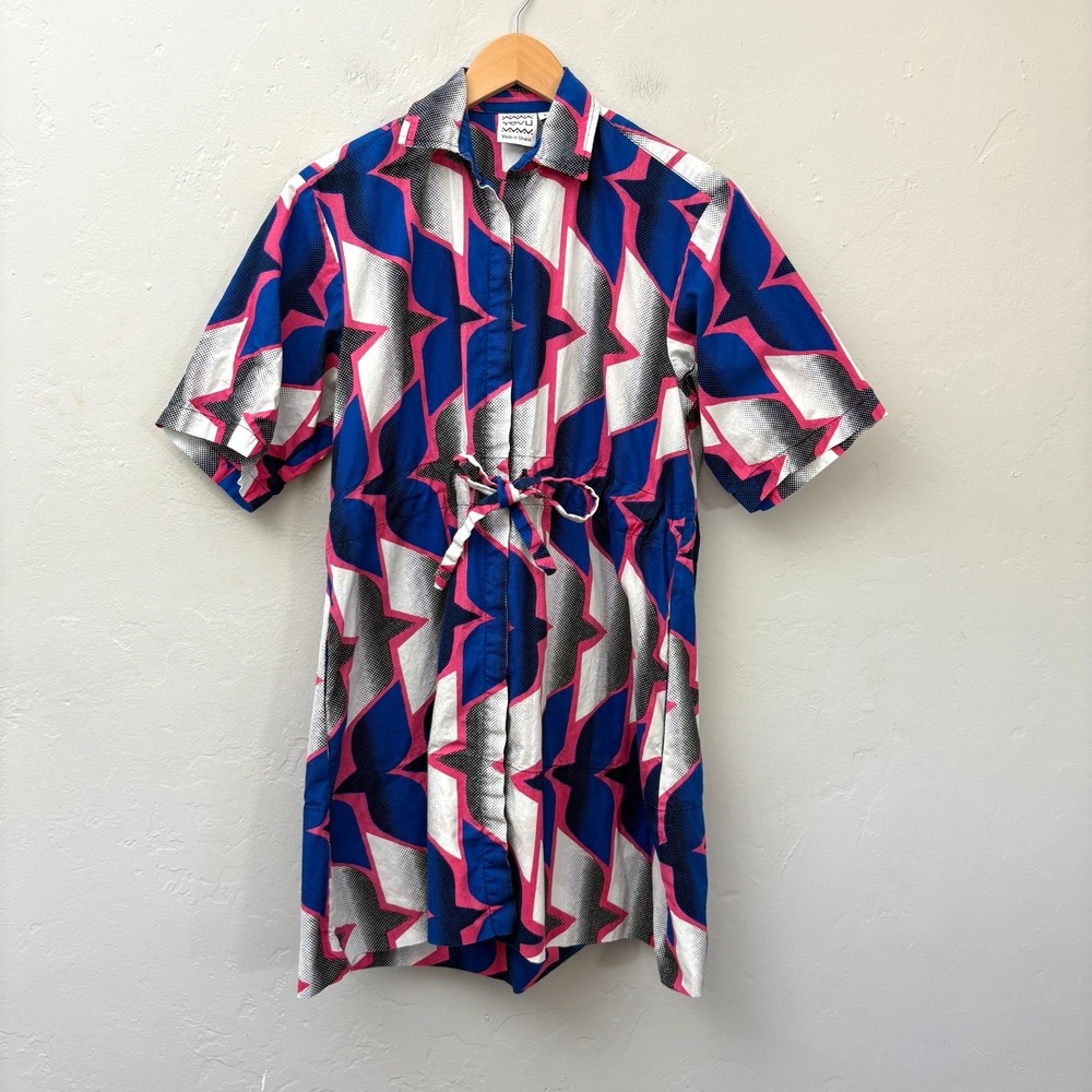 Yevu Shirt Dress Women Size Small Blue Pink White Made in Ghana FLAW
